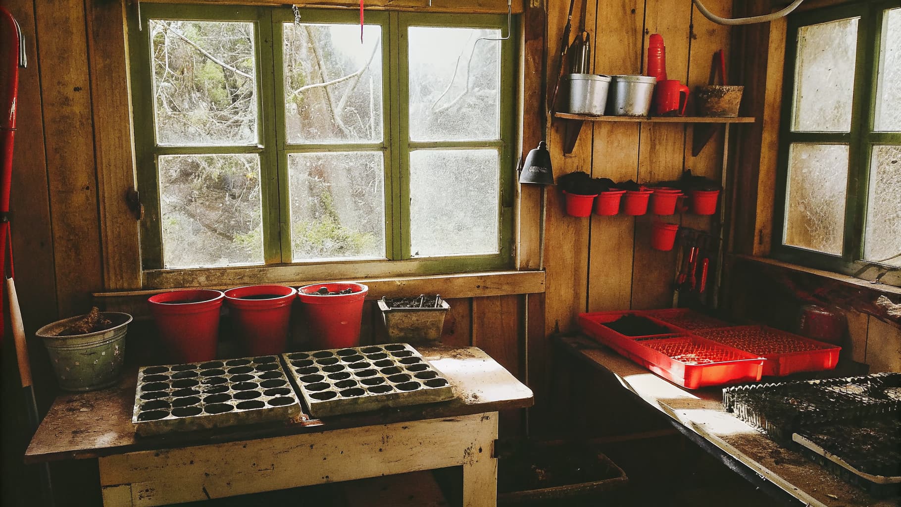 Authentic garden workshop interior with seedling trays, terracotta pots, and tools by a window