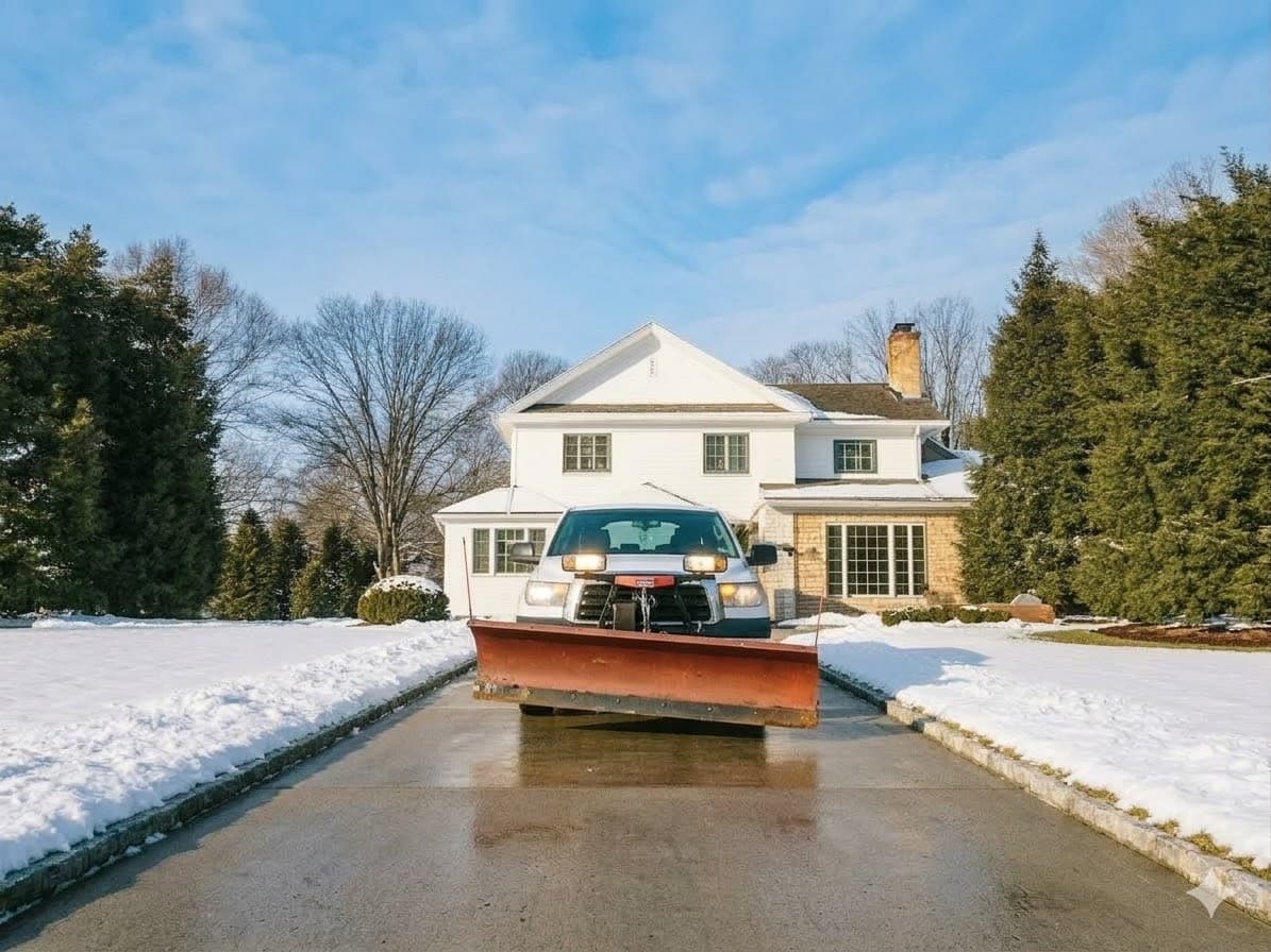 Professional snow removal truck clearing a residential driveway after a winter storm